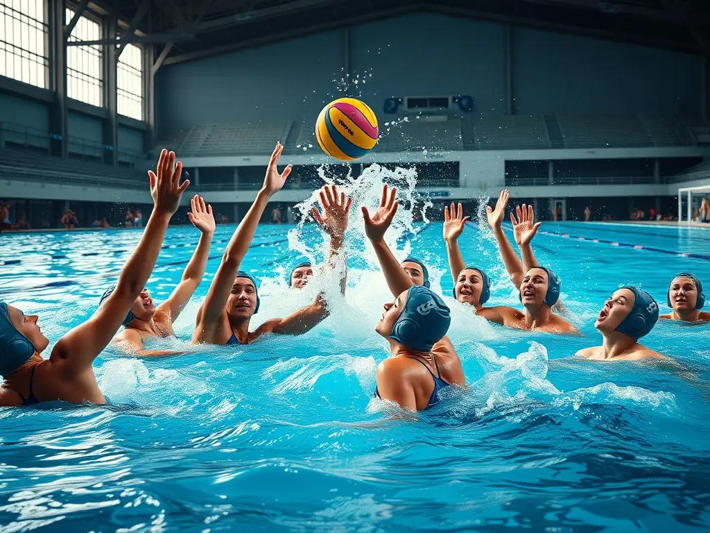 An action shot of a water polo team in the middle of a game at LES DAUPHINS PONTILABIENS, highlighting the teamwork and competitive spirit of the sport.