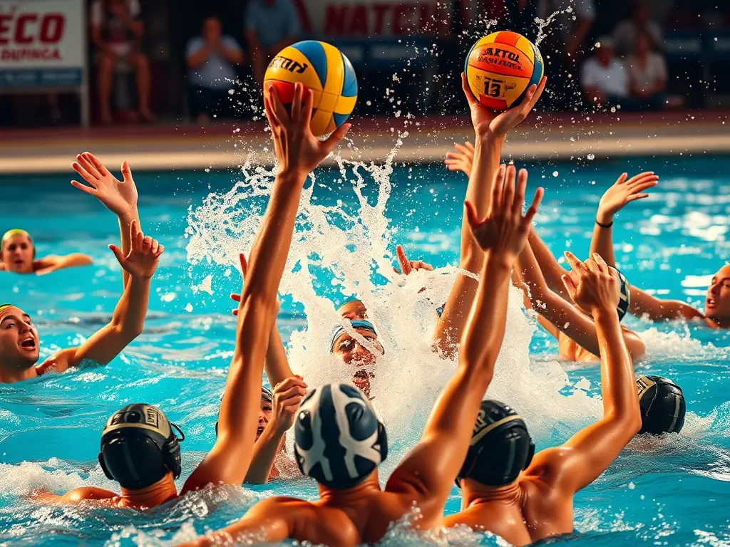 An energetic scene of a water polo match with players in action, showcasing teamwork and sportsmanship, representing the Sporting & Recreational Activities at LES DAUPHINS PONTILABIENS.