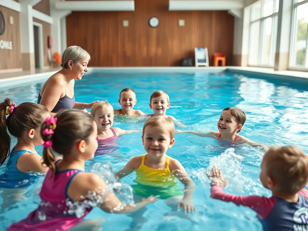 A vibrant image of children participating in a swimming lesson at LES DAUPHINS PONTILABIENS, showcasing the fun and supportive environment of the program.