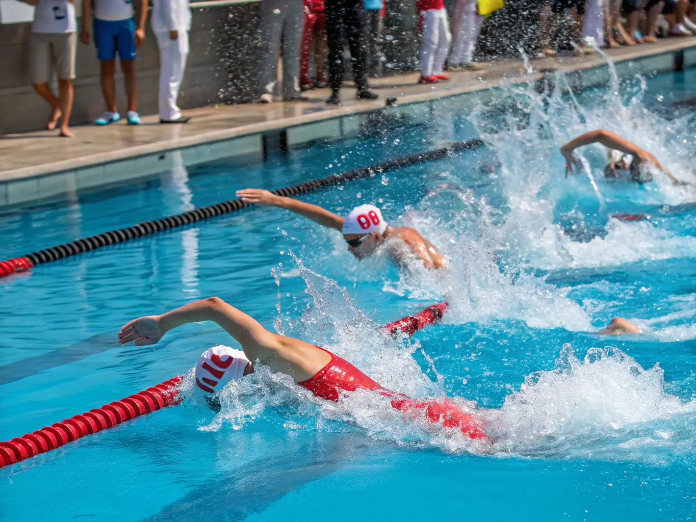 A dynamic shot of a water polo team in action, showcasing teamwork, strategy, and athletic prowess during a competitive match in a brightly lit pool.