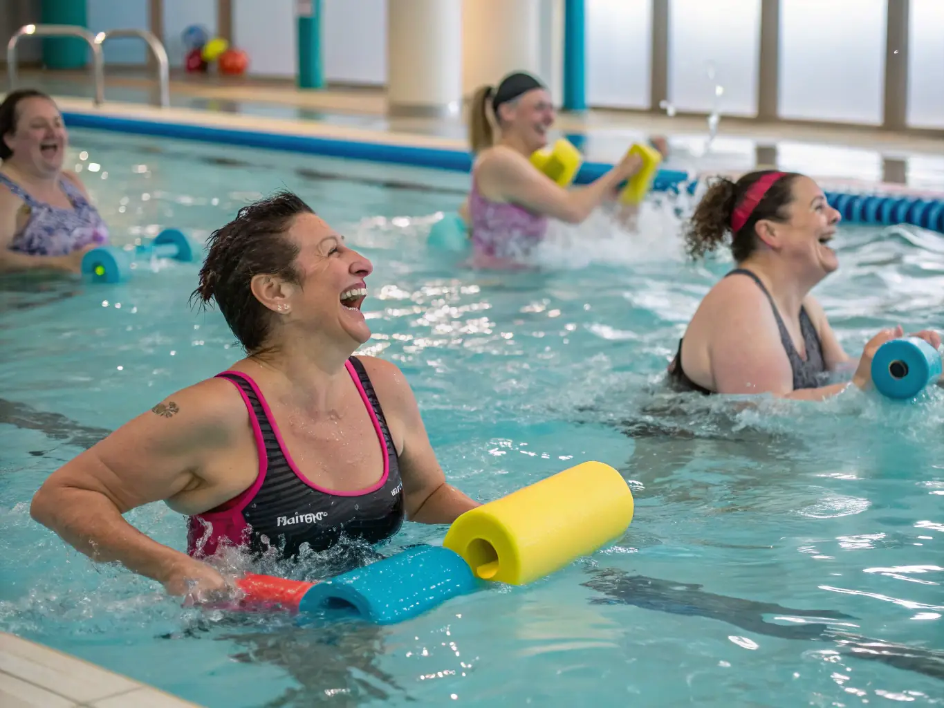A group of adults participating in a recreational aquafit class at LES DAUPHINS PONTILABIENS, demonstrating the fun and fitness benefits of the activity.