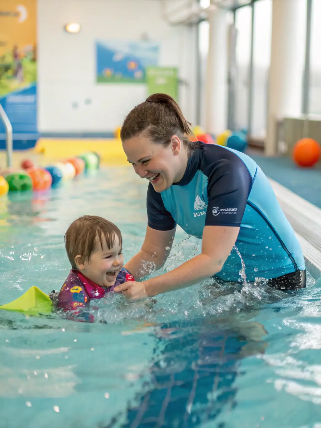 A group of children participating in a swimming lesson, focusing on proper technique and water safety, with a qualified instructor supervising in a bright, indoor pool at LES DAUPHINS PONTILABIENS.