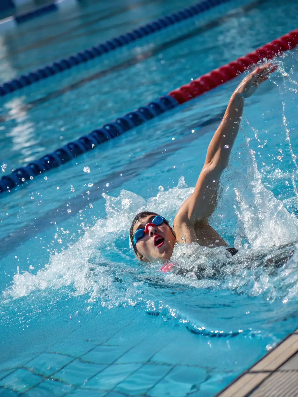 A person confidently swimming freestyle in a lane, demonstrating improved technique and physical fitness through structured training programs.