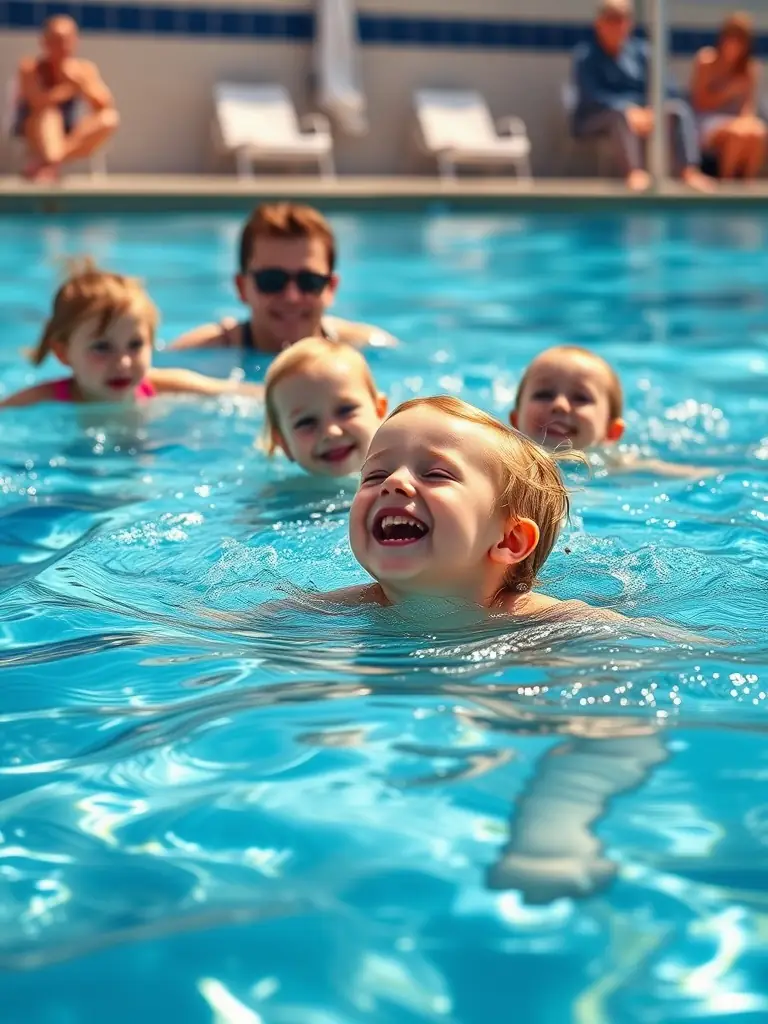 A dynamic image of children participating in a swimming lesson, focusing on water safety and basic swimming techniques in a clear, indoor pool.